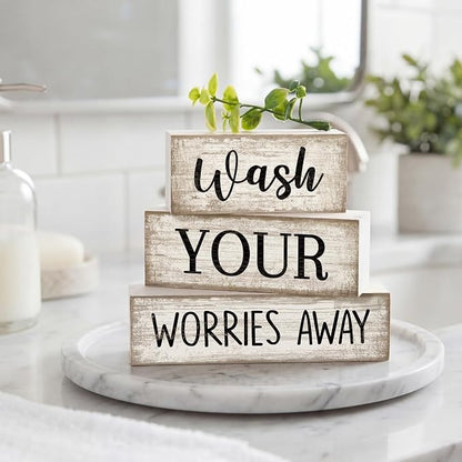Moucuny 4 Pcs Farmhouse Laundry Room Decor Stacked Blocks Wash Your Worries - Image 2
