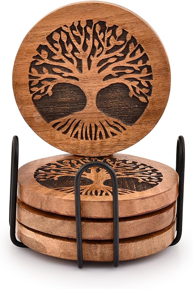 Kimona Coasters Set of 4 Handmade Round Wooden Tree of Life Coasters by Unknown