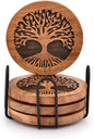 Kimona Coasters Set of 4 Handmade Round Wooden Tree of Life Coasters by Unknown