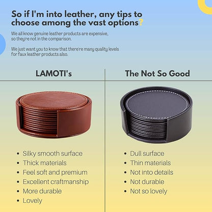 LAMOTI Leather Coasters for Drinks, 4" Drink Coasters Set of 6 with Holder for Tabletop Protection, Handmade Luxurious Home Décor and Housewarming Gift (Brown)