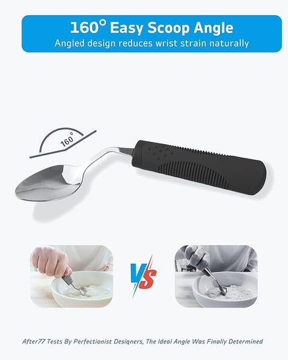 Adaptive Utensils (4-Piece Set) Weighted 7 oz - 42° Angled Utensils for Parkinson's Patients, Hand Tremors, Arthritis & Elderly - Eating Utensils for Elderly (Black: Left Handed)