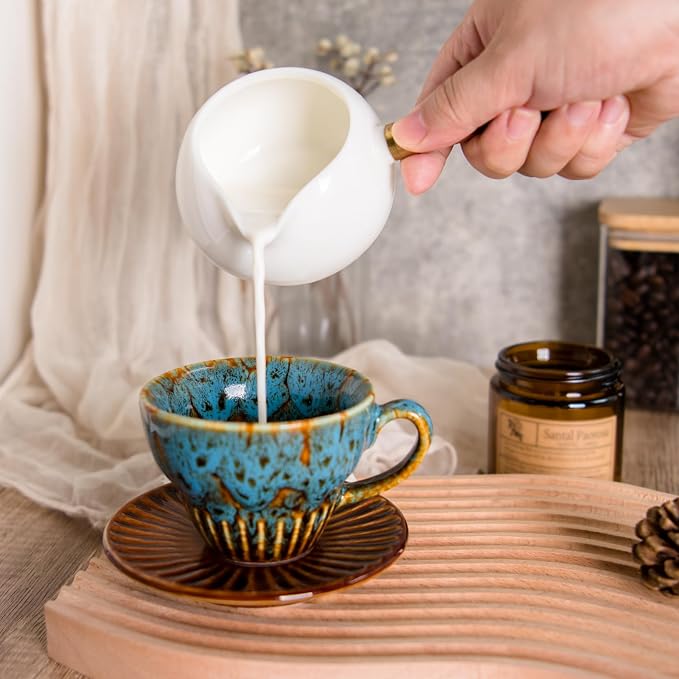 4 oz Espresso Cups and Saucers Set of 2, Ceramic Tea Cup - Image 3
