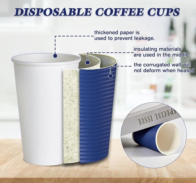 LITOPAK Coffee Cups 16 oz, 80 Pack Insulated Ripple Wall Hot Paper Cups | Three - Image 3