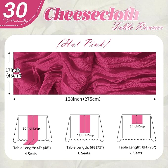 30 Pack Hot Pink Cheesecloth Table Runner 17 x 108 inch Cheese Cloth Table - Image 2