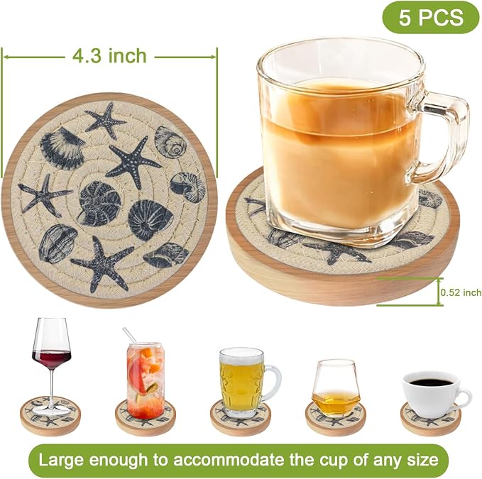 5 Pack Coasters for Drinks Absorbent, 4.3 inches Ocean Beach Woven Coasters for - Image 6