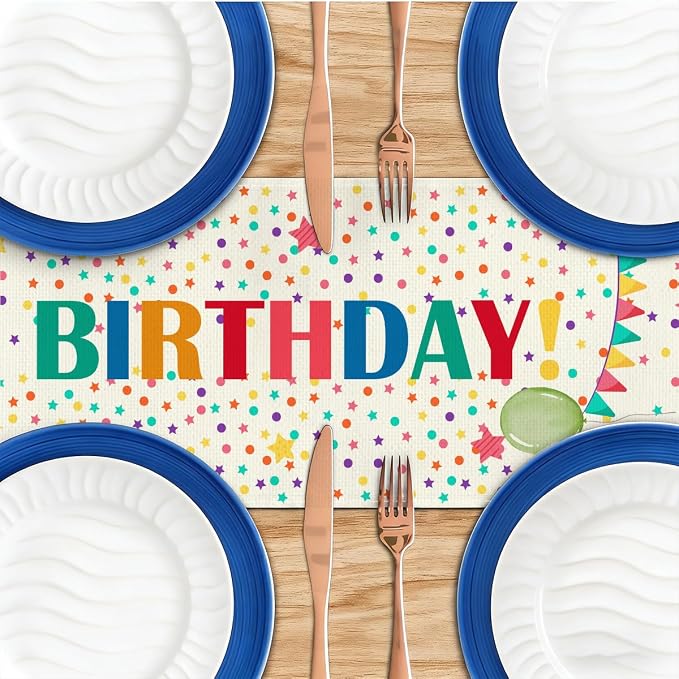 Happy Birthday Colorful Balloons Stars Table Runner, Birthday Decorations | - Image 4