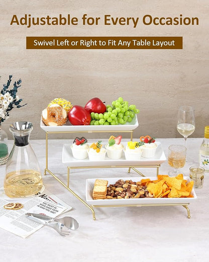 Yedio 3 Tier Serving Tray Set 14 Inch Porcelain Tiered Serving Platters, Collapsible Sturdier Stand with Stable Cross Bars, Three Layer Serving for Party Entertaining Food Display Fruit Dessert