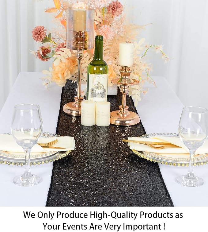 ShinyBeauty Table Runner 48 Inches Long Sequin Black Table Runner Small Sparkle - Image 2