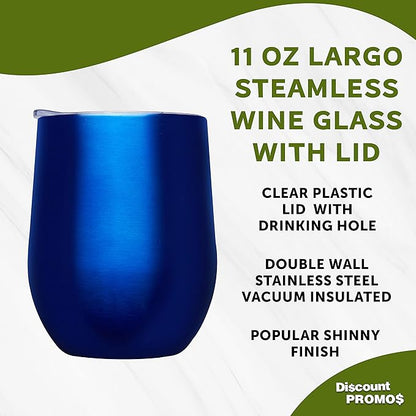 DISCOUNT PROMOS Stemless Wine Glass Tumblers with Lids by Largo 11 oz. Set of 6, Bulk Pack - Perfect for Wine, Cocktails, Other Hot & Cold Beverages - Blue