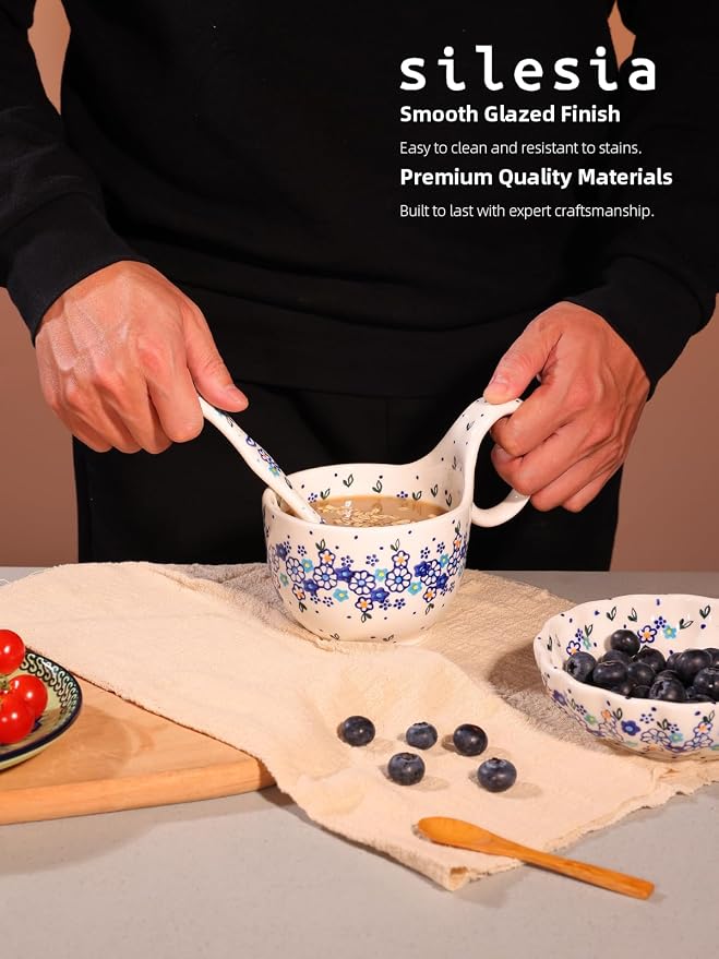 silesia Handmade Loop Handle Soup Bowl, Plate and Spoon Set Ceramic Hand - Image 5