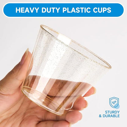 RACETOP 9 oz 200 Pack Gold Glitter Plastic Cups | Disposable Gold Glitter Clear - Image 3