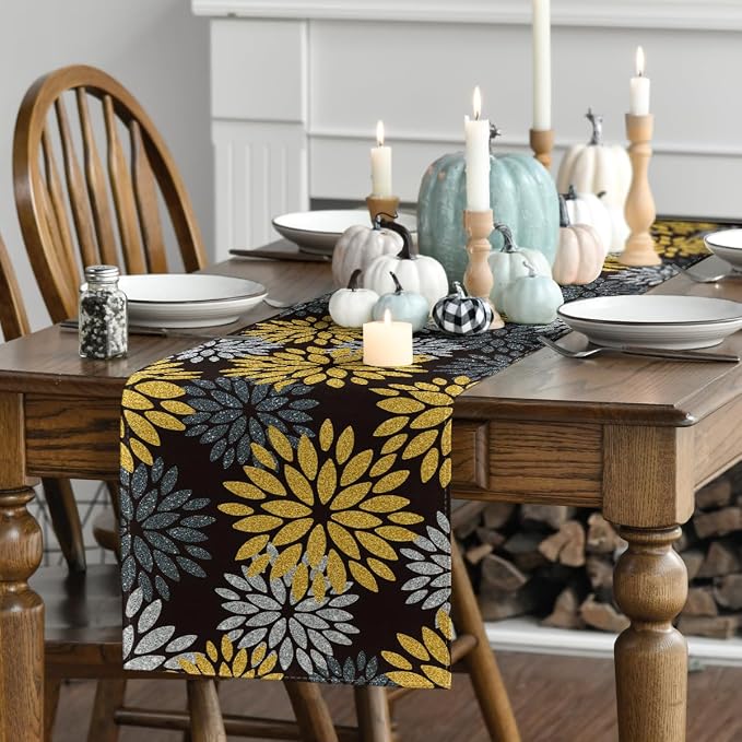 Artoid Mode Gold Black Silver Dahlia Floral Pinnata Fall Table Runner, Seasonal - Image 3