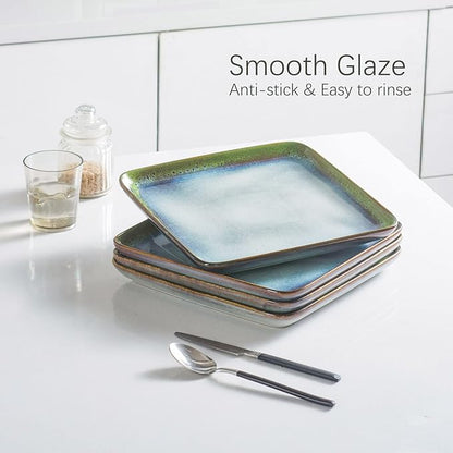 HENXFEN LEAD Square Ceramic Dinner Plates 11 Inch – Large Stoneware Serving Plates Set of 4 for Steak, Pasta & Salad, Microwave & Dishwasher Safe – Reactive Glaze Green