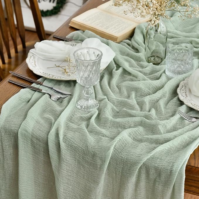 Artoid Mode Boho Cheesecloth Gauze Sage Green Wedding Table Runner, 120 Inch by ArtoidMode