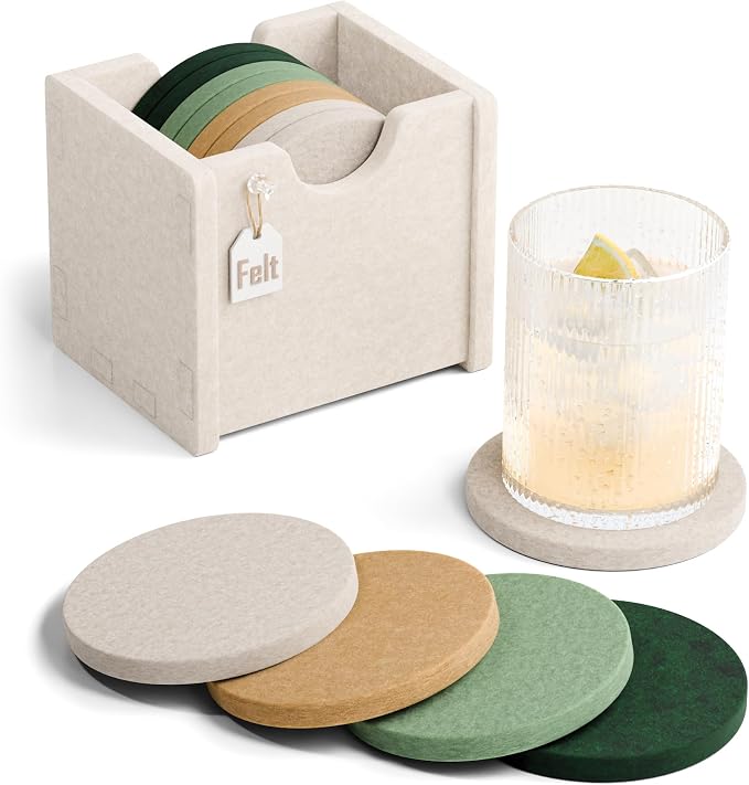 Fluxynara Felt Coasters with Holder, Moss Glimmer | Round Felt Coasters by FLUXYNARA