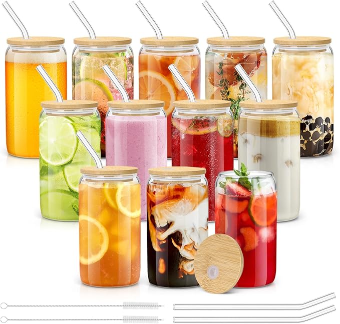sungwoo 12PCS Glass Cups with Bamboo Lids and Straws, 16OZ Ice Coffee Cup by sungwoo