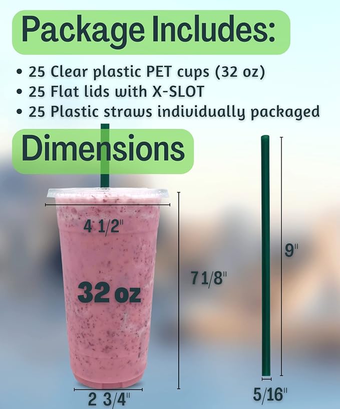 32 oz Clear Plastic Cups with Lids and STRAWS, Disposable Drinking Cups - Image 3