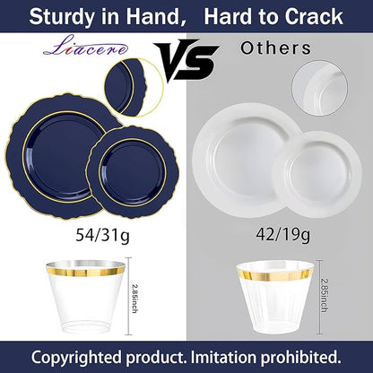 Liacere 350PCS Navy Blue Plastic Plates-Disposable Blue Gold Plates 50guest Plastic Dinnerware include 100Plates,50Pack Pre Rolled Napkins with Silverware 50Cups for Martin Luther King Jr