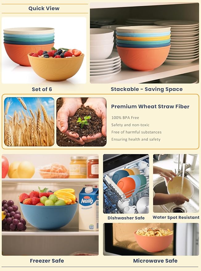Wheat Straw Bowls Unbreakable Salad Bowls 40 OZ Thick Large Cereal Bowls - Image 4
