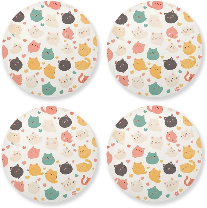 Art Illustration Cats Set of 4 Round Drink Coaster Thick Heat Resistant Mats by KLL