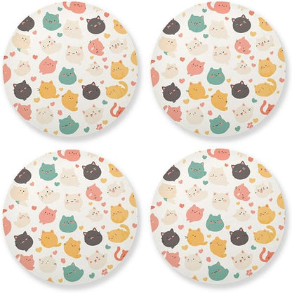 Art Illustration Cats Set of 4 Round Drink Coaster Thick Heat Resistant Mats by KLL