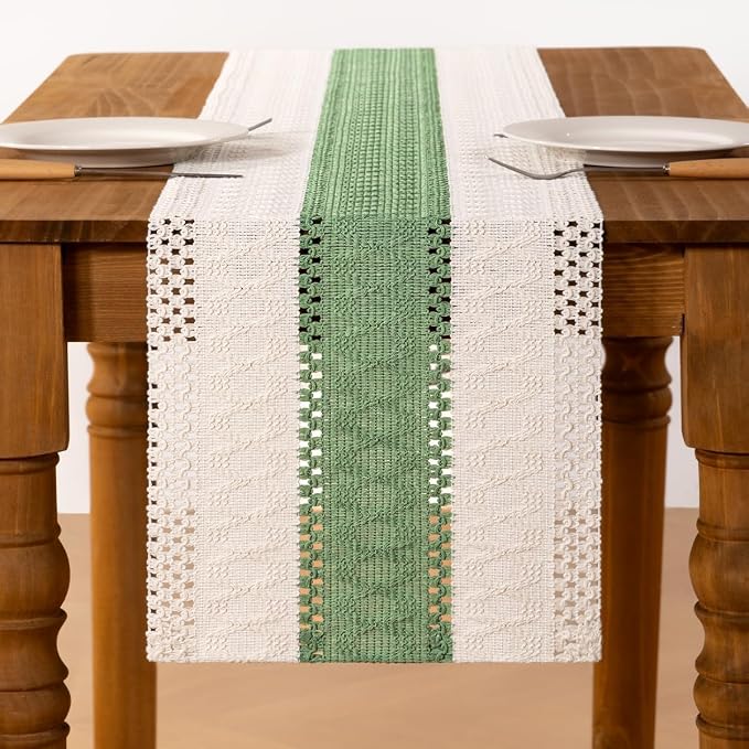 MLMC Ivory & Sage Boho Table Runner Macrame Woven Table Runner 12x36 Inch | - Image 3