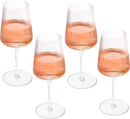 Crutello Modern Wine Glasses 17 oz Glassware, Set of 4, Unique Fluted Glassware with Vintage Ripple Texture, Art Deco Red or White Wine Fancy Glasses