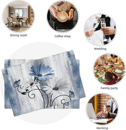 Floral Placemats Set of 4, 12x18 Inch Blue Daisy Flower Table Mats Rectangle Vintage Flowers Holiday Decorative Table Placemats for Party Home Kitchen Dining Table Indoor Outdoor Decoration