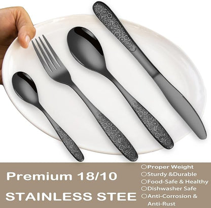 Black Rose Floral Embossed Silverware Set, Mirror Polished Unique Pattern - Image 7