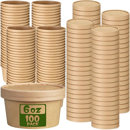 Fulmoon 100 Pack Paper Soup Containers with Lids Disposable Paper Food Containers with Vented Lid Kraft Ice Cream Cake Dessert Cups Soup Bowl for Party Hot Food Fruit Microwave(6 oz,Brown)
