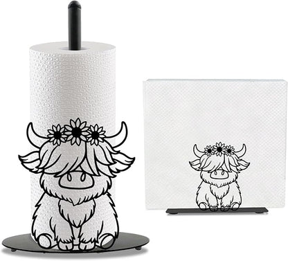 Highland Cow Paper Towel Holder Countertop Kitchen Decor Indoor with Round Base, Iron Rustic Highland Cow Napkin Holder Stand Accessories for Bathroom Kitchen Dining Farmhouse, 2 PCS