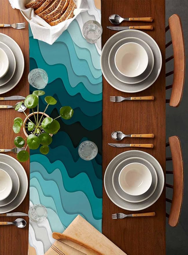 Turquoise Geometric Beach Table Runners 70 Inches Long, Cotton Linen Fabric - Image 5