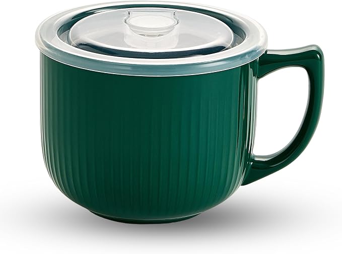 Ceramic Soup Bowl with Handle & Lid, 32oz Microwave Ramen Bowl Forest Green | by Hoilse