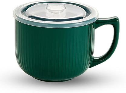 Ceramic Soup Bowl with Handle & Lid, 32oz Microwave Ramen Bowl Forest Green | by Hoilse