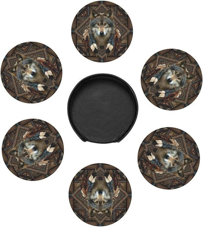 6 Pack Native American Wolf Feathers Leather Coasters - Image 2