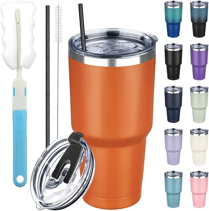 30 oz Tumbler with Lids and Straws, Stainless Steel Insulated Coffee Tumbler by GUDEMAO