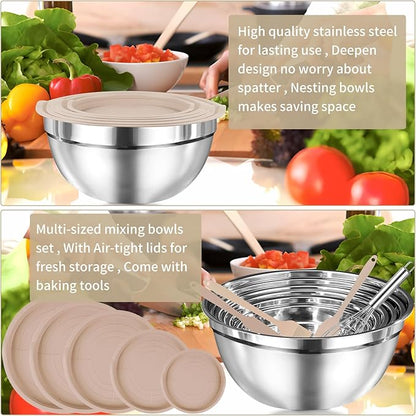 Mixing Bowls Set, 25PCS Khaki Mixing Bowls With Lids Set Stainless Steel Kitchen Large Nesting Metal Bowl 7QT to 1.5QT, Measuring Cups and Spoons for Prepping Cooking Serving