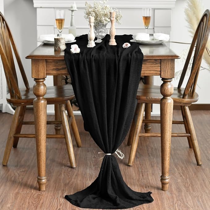 Artoid Mode Boho Cheesecloth Gauze Black Wedding Table Runner, 120 Inch - Image 3