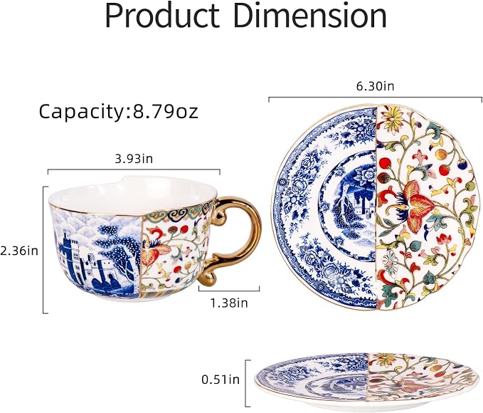 KAMMAK Tea Cups and Saucers Set of 2, Fine Bone China Coffee Cups, 582N | - Image 5