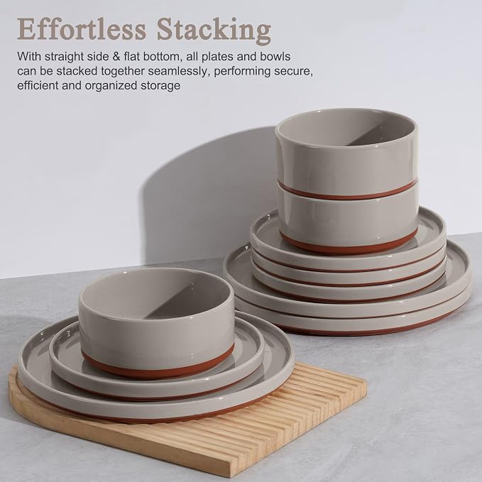 LIANYU Plates and Bowls Sets, 24 Pieces Stoneware Dinnerware Set - Image 5