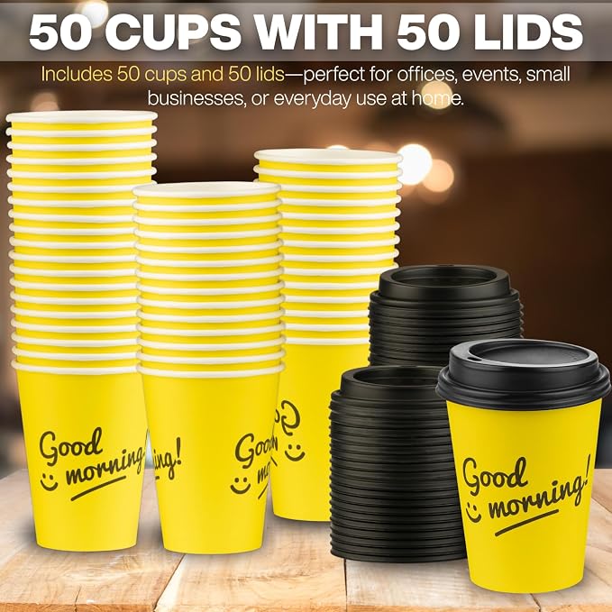 Disposable Coffee Cups with Lids, To Go Paper Hot Cups, Good Morning Design - Image 4