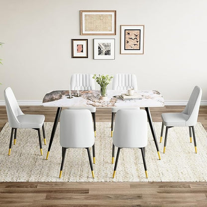 Modern Dining Set for 6, Sintered Stone Table Top, White Chairs, 62'' W x Unknown H x D, Dining Room