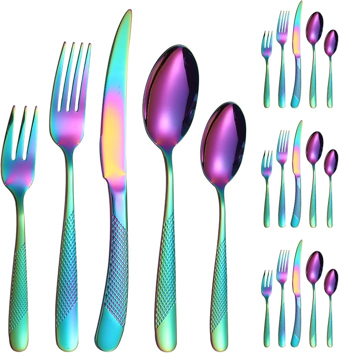 Hammered Silverware Rainbow Stainless Steel Flatware Set - Image 9