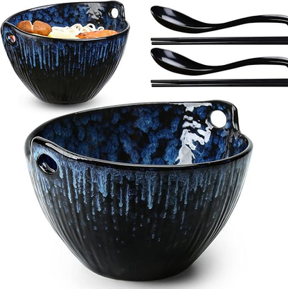 Ramen Bowl with Chopsticks and Spoons Set, 7 Inch Ceramic Noodle Bowl Set of 2, Dishwasher Safe for Pho Udon Soba Noodle Salad Pasta, Special Reactive Glazed Navy Bowls Set