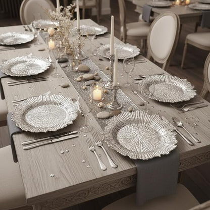 LOYALHEARTDY 24 Pack 13 Inch Silver Charger Plates, Plastic Reef Textured Rim Round Decorative Underplates for Wedding, Party, Dinner Table