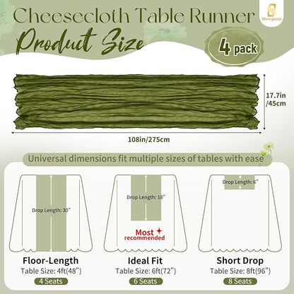Showgeous 4 Pack Olive Green Cheesecloth Table Runner, 17 x 108 Inches | Boho - Image 2