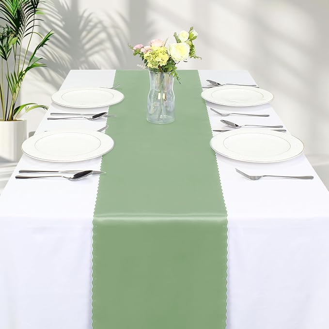 VACVELT Sage Green Satin Table Runners, 12x72 Inch, 6 Pack, Scalloped Edge | - Image 8