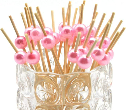 Minisland Pink Pearl Cocktail Picks, 4.7 Inch Long Bamboo Fancy Toothpicks for Appetizers, Decorative Valentines Baby Shower Holiday Party Food Drink Garnish Fruit Skewer Sticks 100 Counts - MSL153