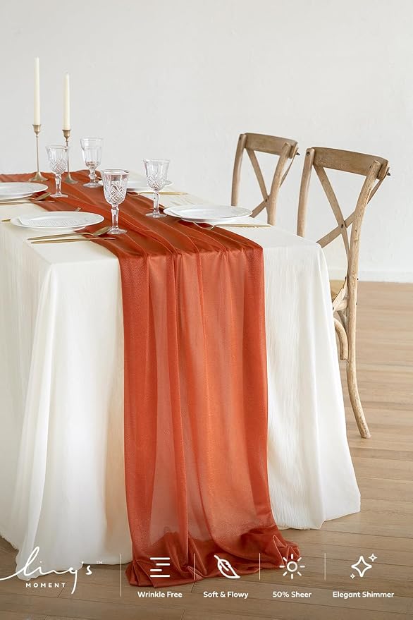 Ling's Moment 10Ft Burnt Orange Sheer Chiffon Table Runner | Terracotta - Image 2