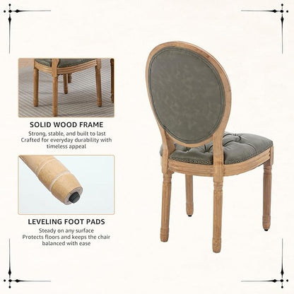 Vintage French Dining Chairs Set of 6, Round Back PU Leather Upholstered Side Chairs with Nailhead Trim and Solid Wood Frame, Sillas de Comedor for Dining Room & Kitchen, Olive Green